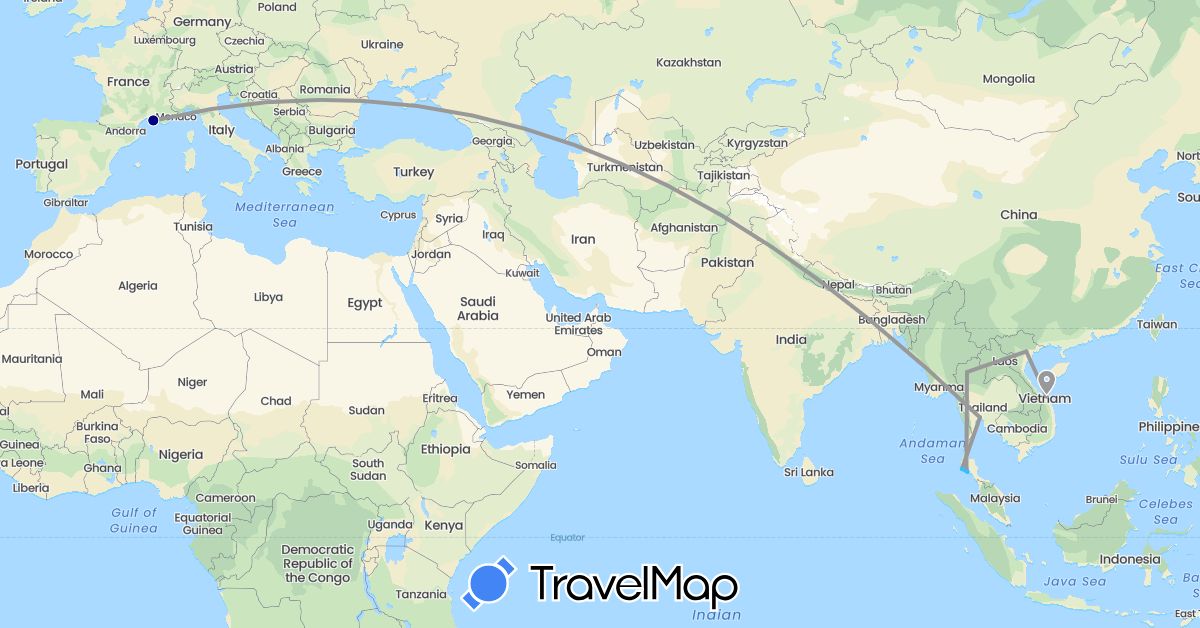 TravelMap itinerary: driving, plane, boat in France, Thailand, Vietnam (Asia, Europe)